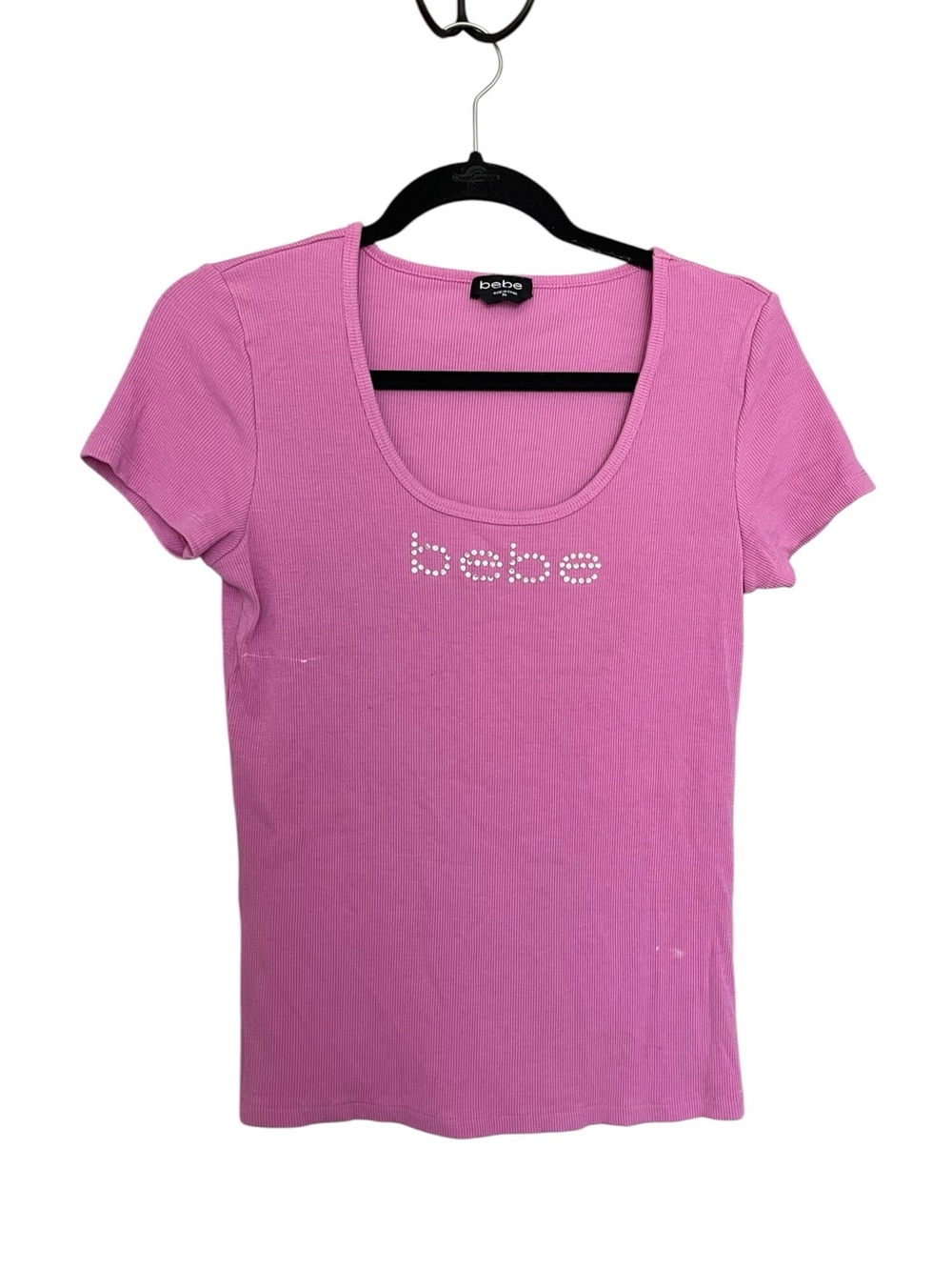 bebe Pink Rhinestone Logo Scoop Neck Tee